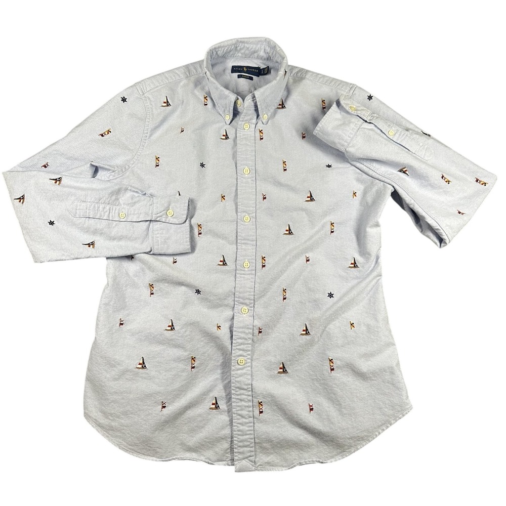 Ralph Lauren Shirt Mens L Embroidered Sailboat Nautical Long Sleeve Slim Fit ***